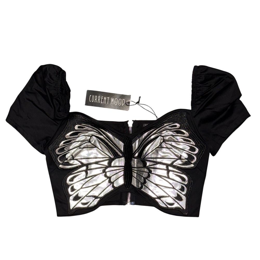 Dolls Kill Metallic Butterfly Crop Top Whimsigoth Coquette Fairy Festival Y2K